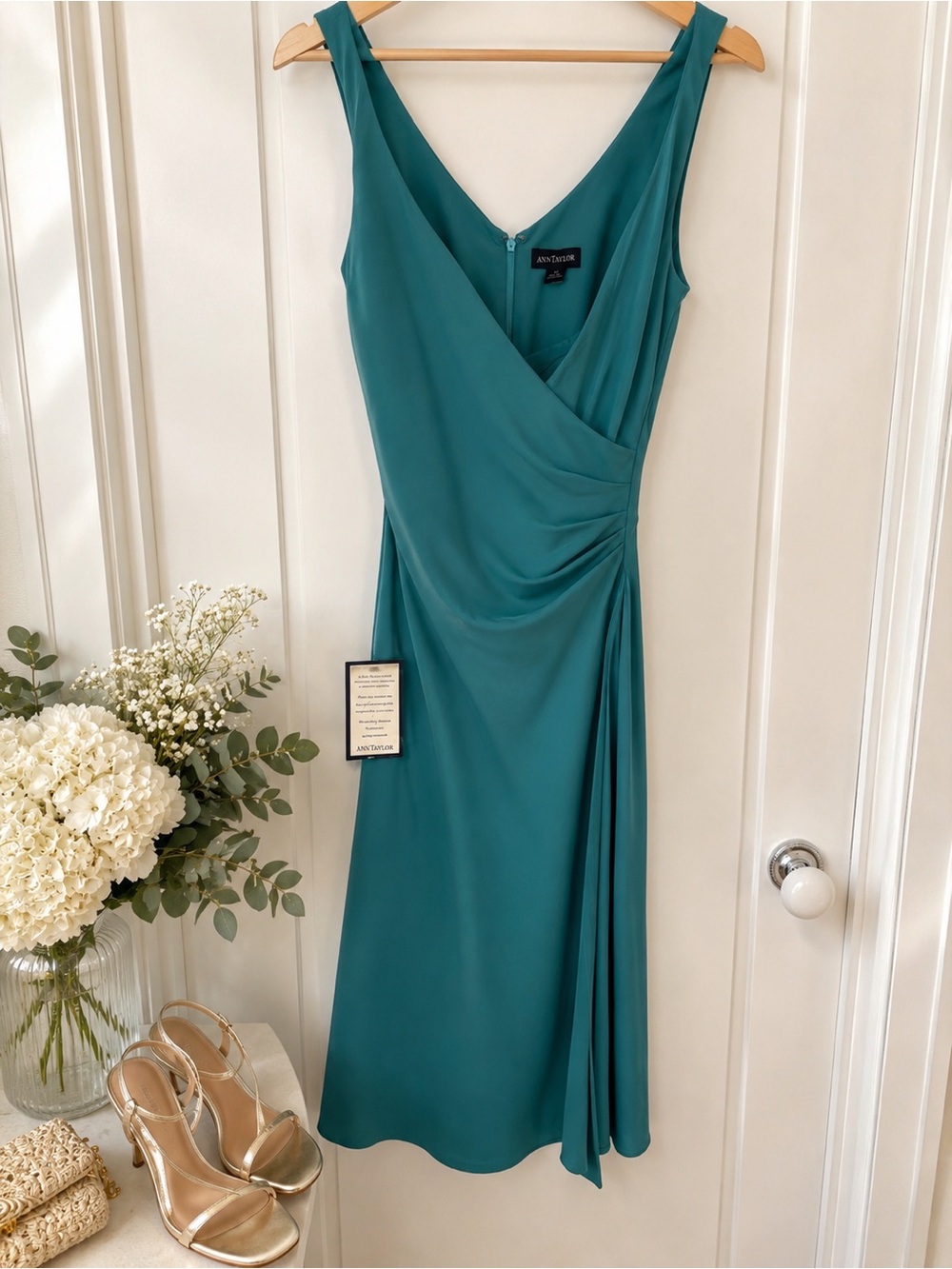 Ann Taylor 100% Silk Teal Ruched Midi Cocktail Dress Size 8 NWT